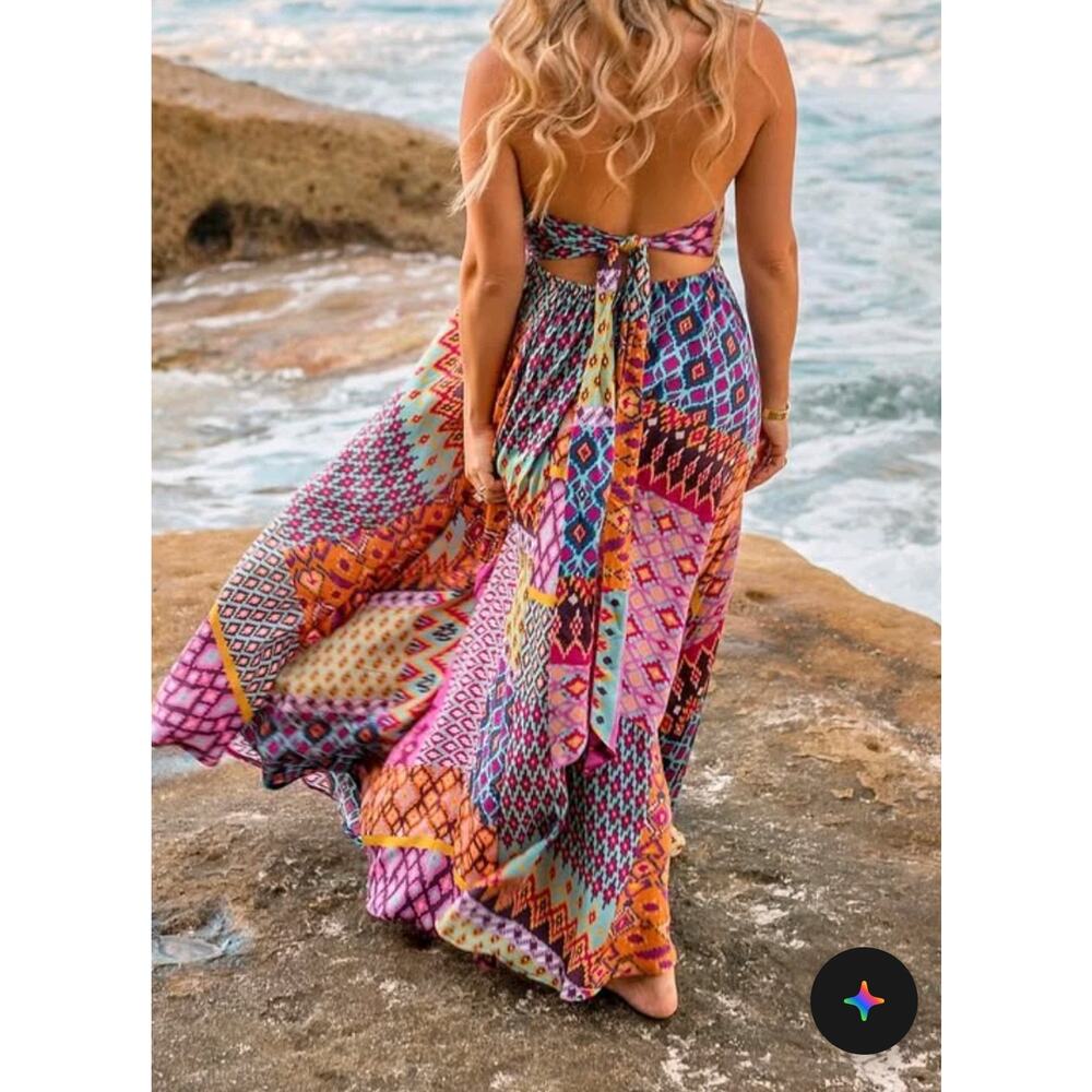 Tigerlily Utopia Trinity Maxi Dress Size 6 Boho Patchwork Print Halter Tie Back - Picture 8 of 11